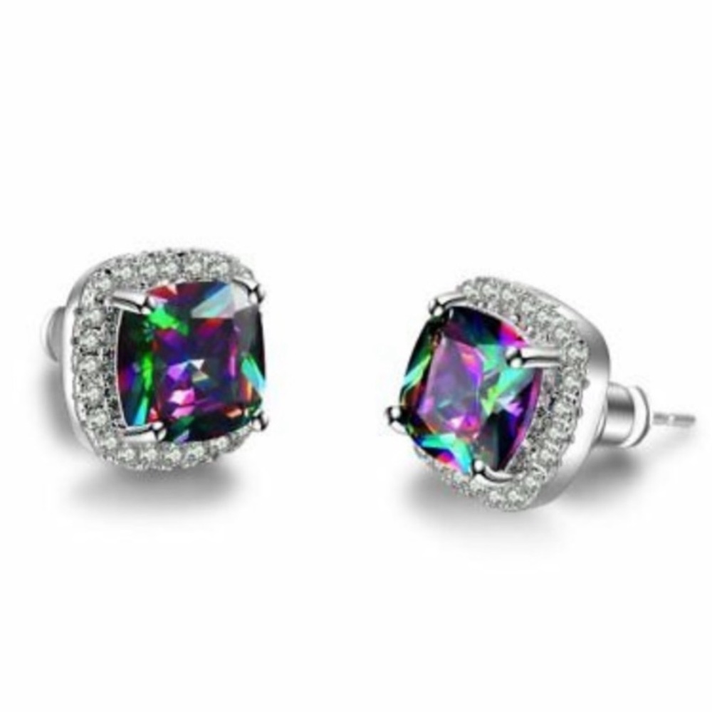 **RAINBOW MYSTIC TOPAZ DIAMOND HALO STUD EARRINGS - Picture 3 of 4
